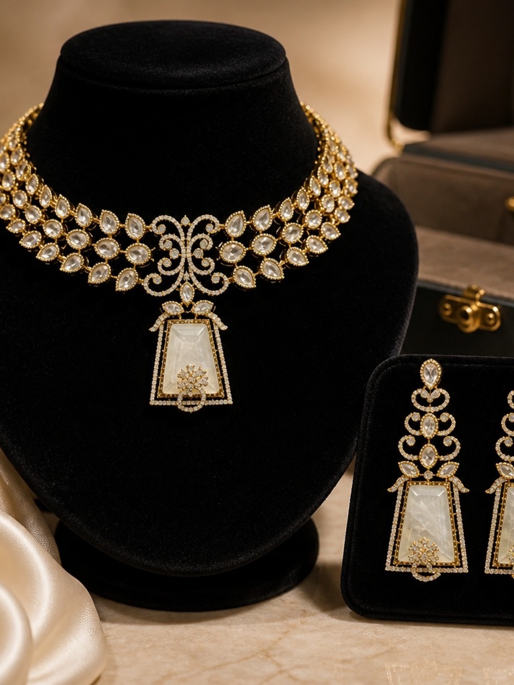 Gold and White Statement Necklace & Earrings Set - Luxury Women Jewelry